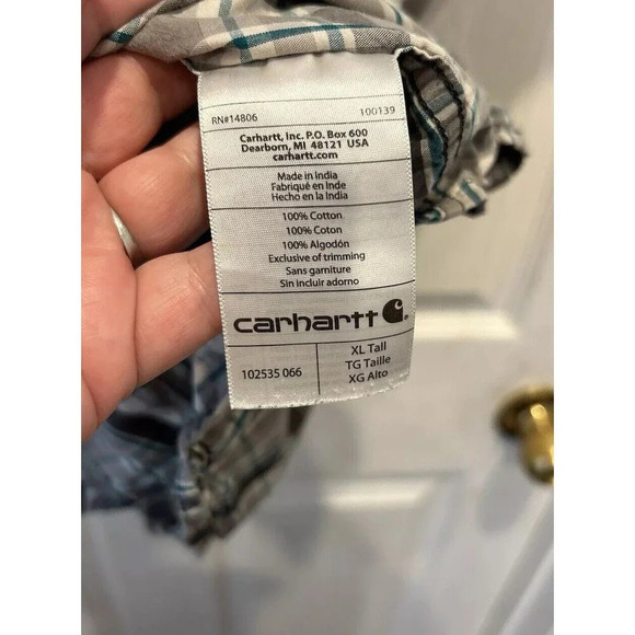 Carhartt Mens XLT Button Down Blue Plaid Cotton‎ Shirt Relaxed Fit Tall - Picture 7 of 7